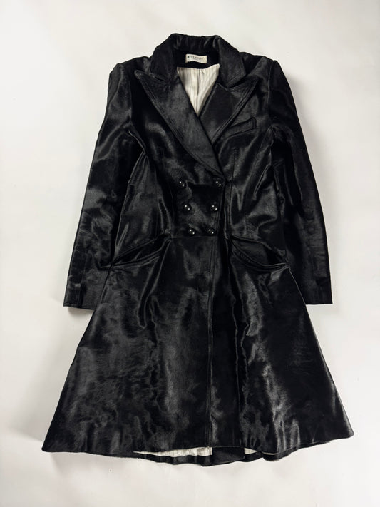 Givenchy Black Ponyhair Calf Hair Double Breasted Flared Midi Coat 2010s - S