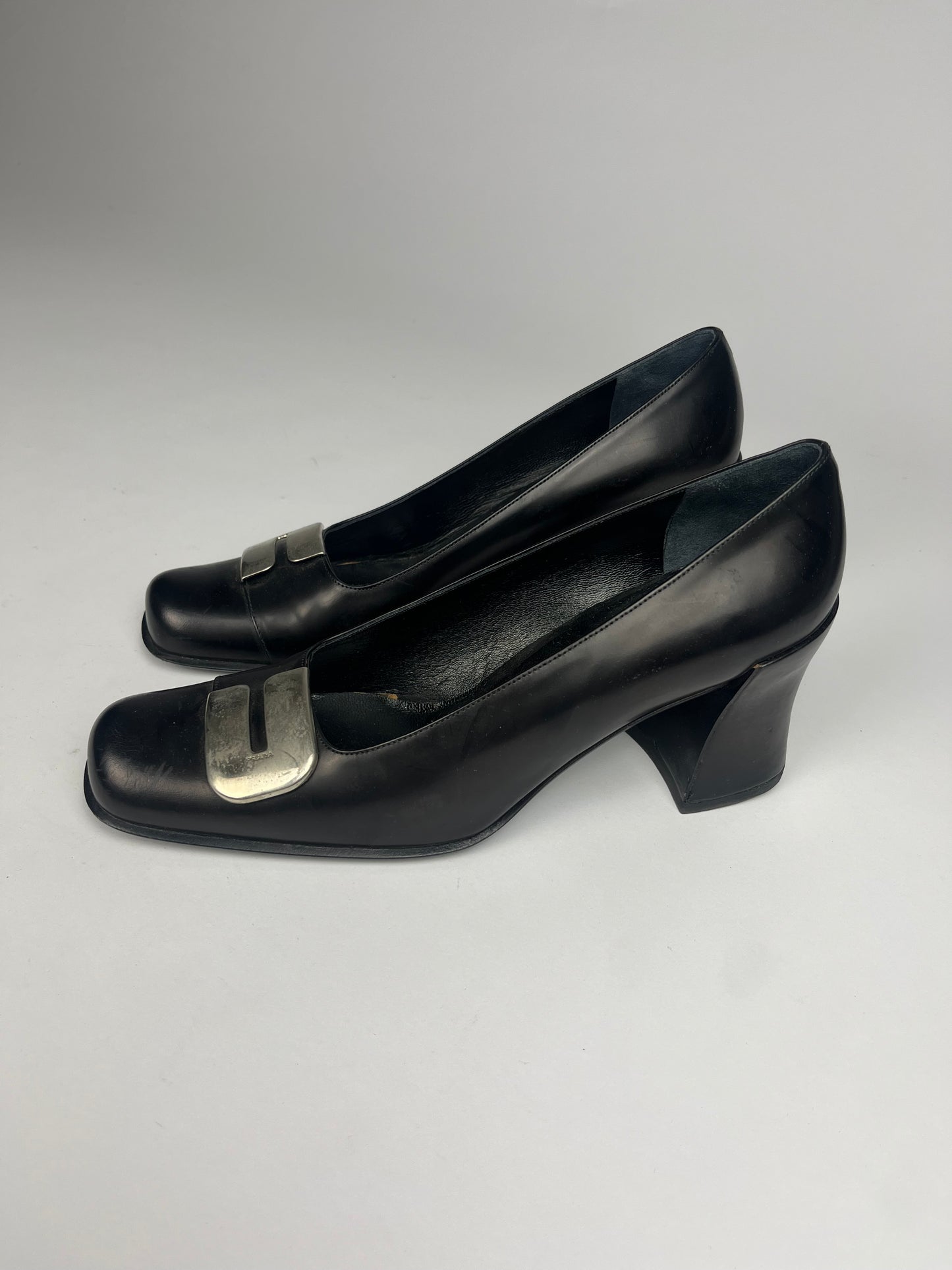 Prada Metallic Buckle Black Leather Pumps - 38 IT/39 EU