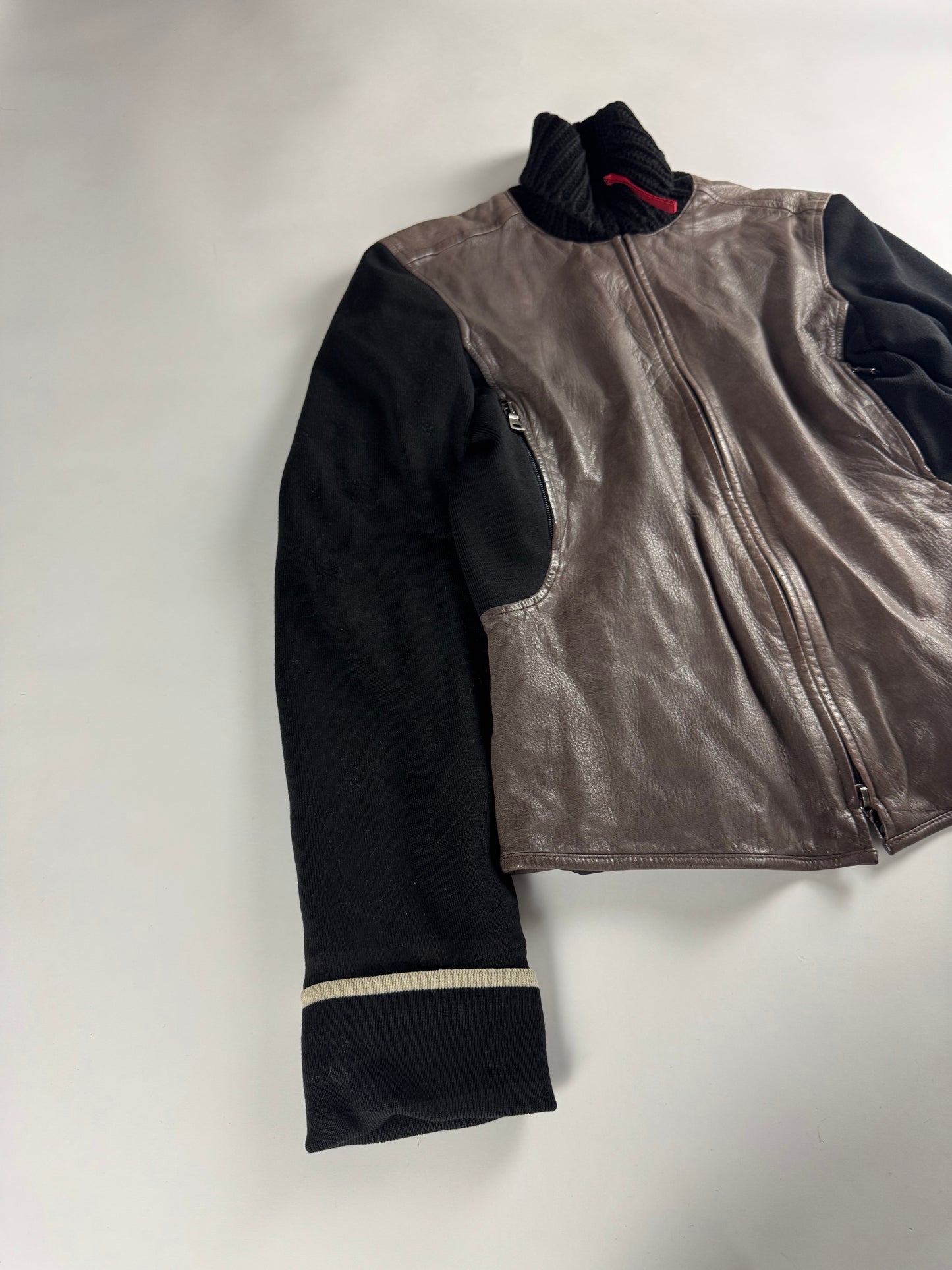 Prada Wool Hybrid Brown Leather Turtleneck Jacket SS 2000 - M