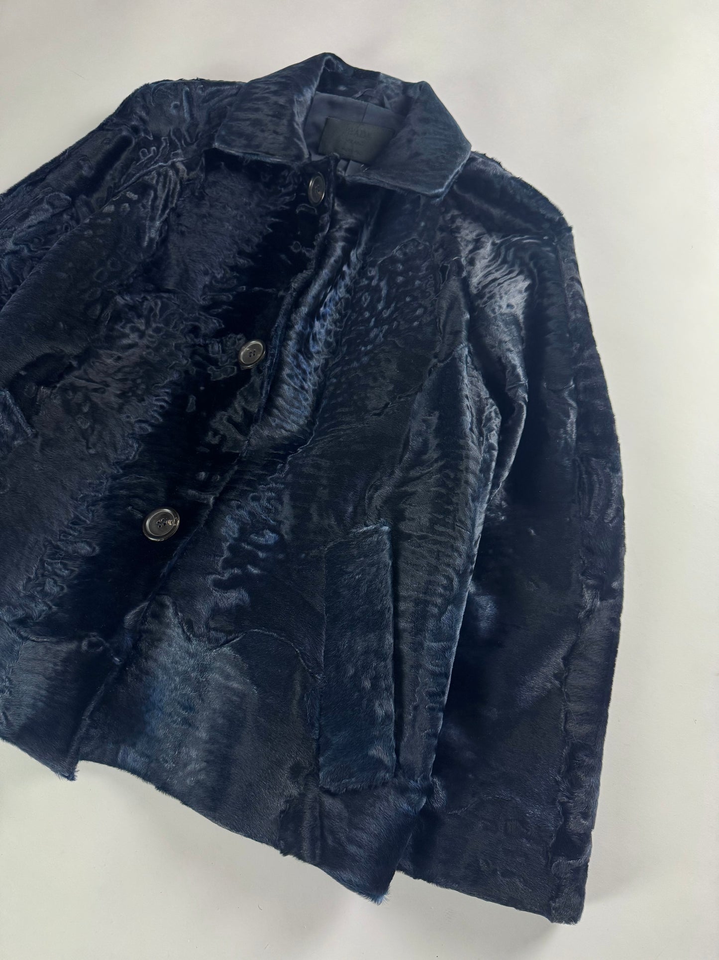 Prada Night Navy Astrakhan Fur Tailored Jacket FW 2000 - S