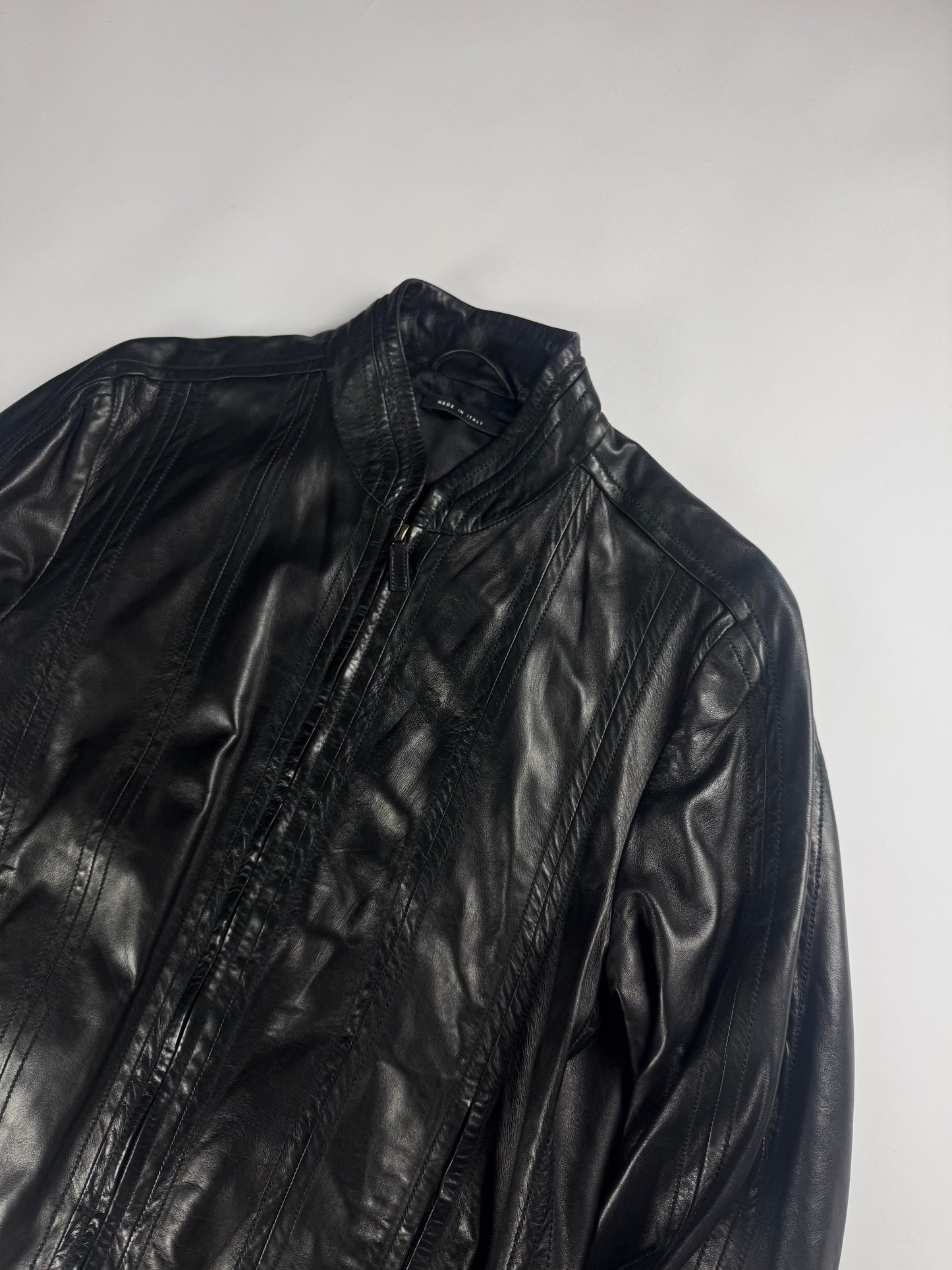 Gucci Tom Ford Dark Single Rider Stitched Panels Leather Jacket 2000s - M