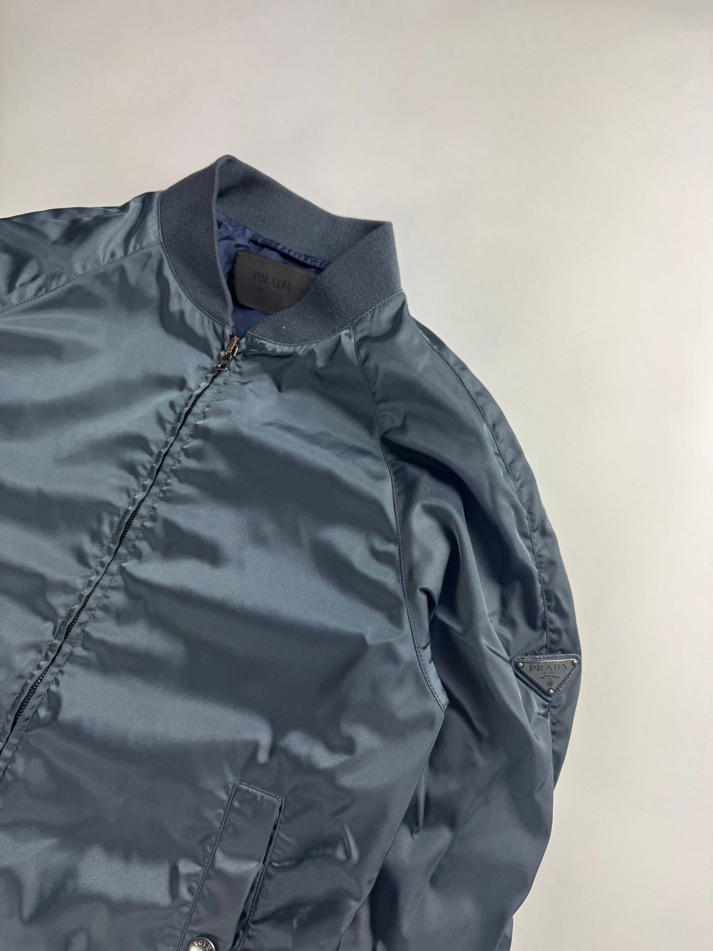 Prada Triangle Logo Navy Nylon Bomber Jacket 2010s - M