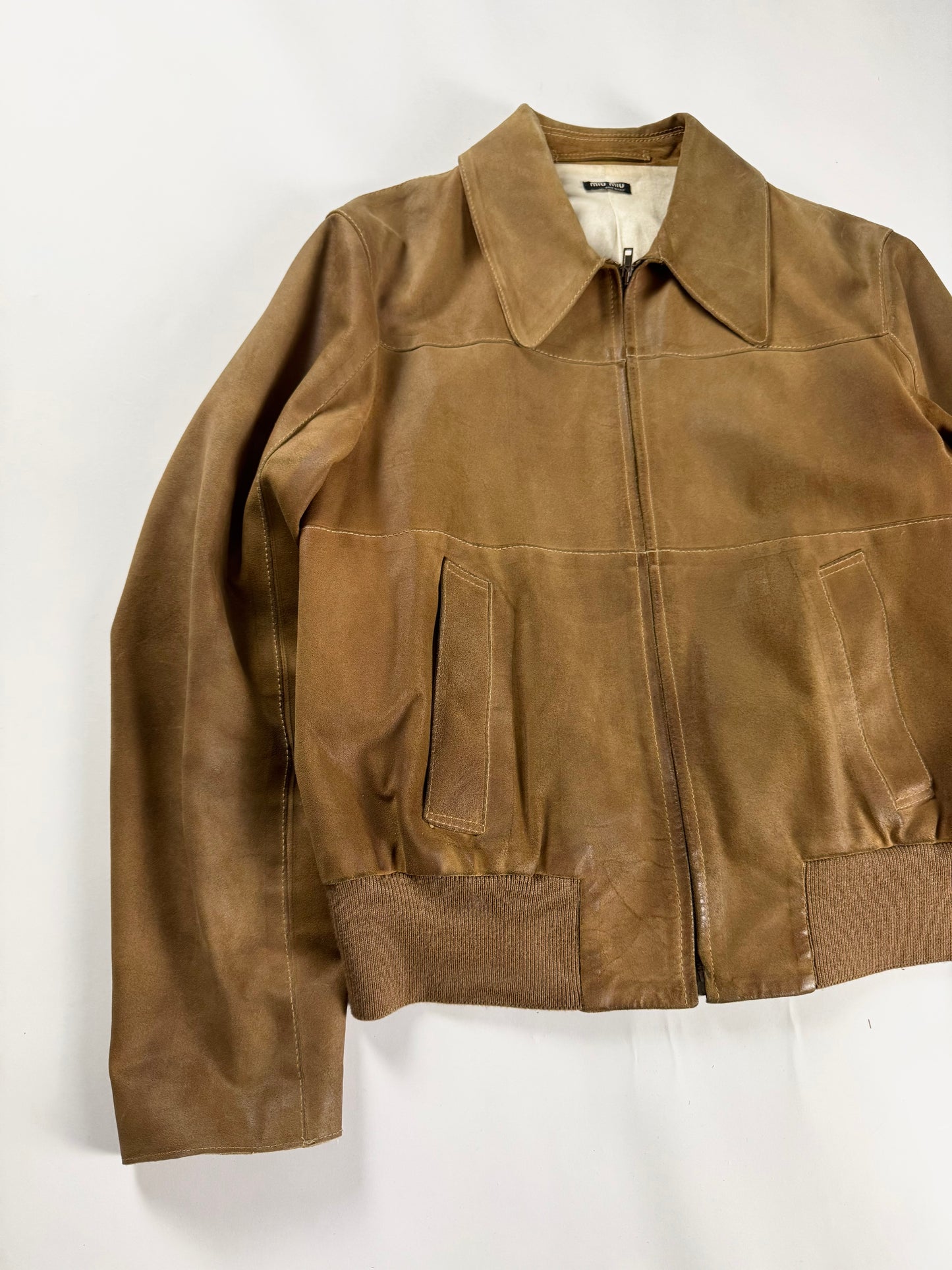 Miu Miu Camel Tan Leather Bomber Pointed Collar Jacket 2000s - M