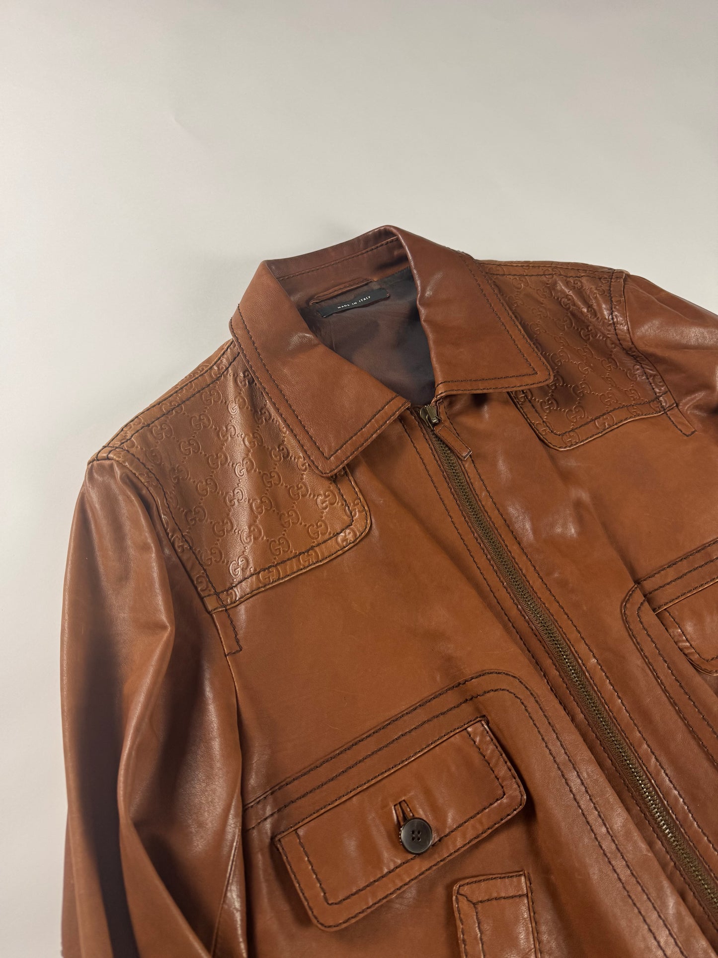 Gucci Tom Ford Camel Brown Monogram Leather Bomber Jacket 2000s - XL