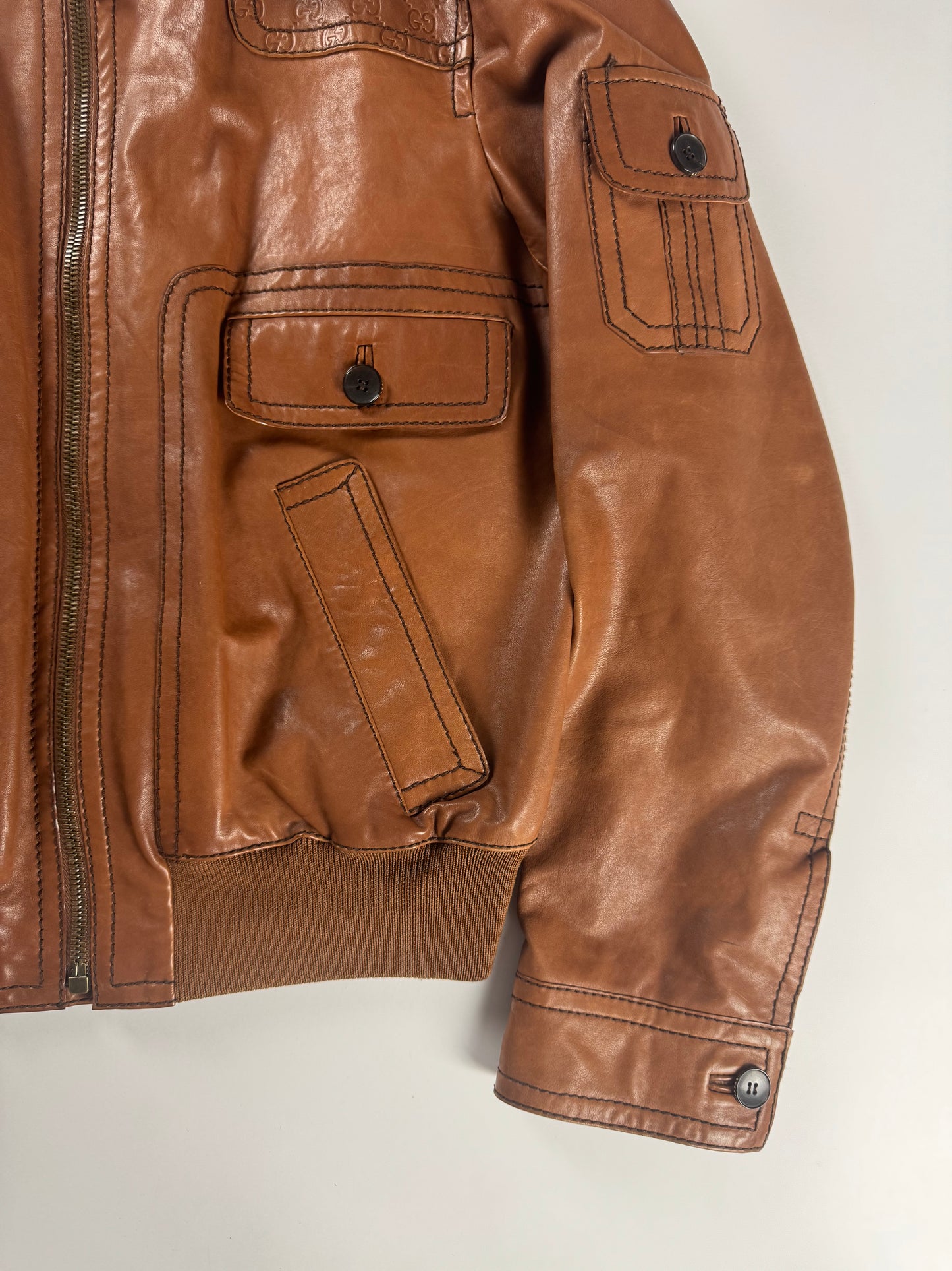 Gucci Tom Ford Camel Brown Monogram Leather Bomber Jacket 2000s - XL