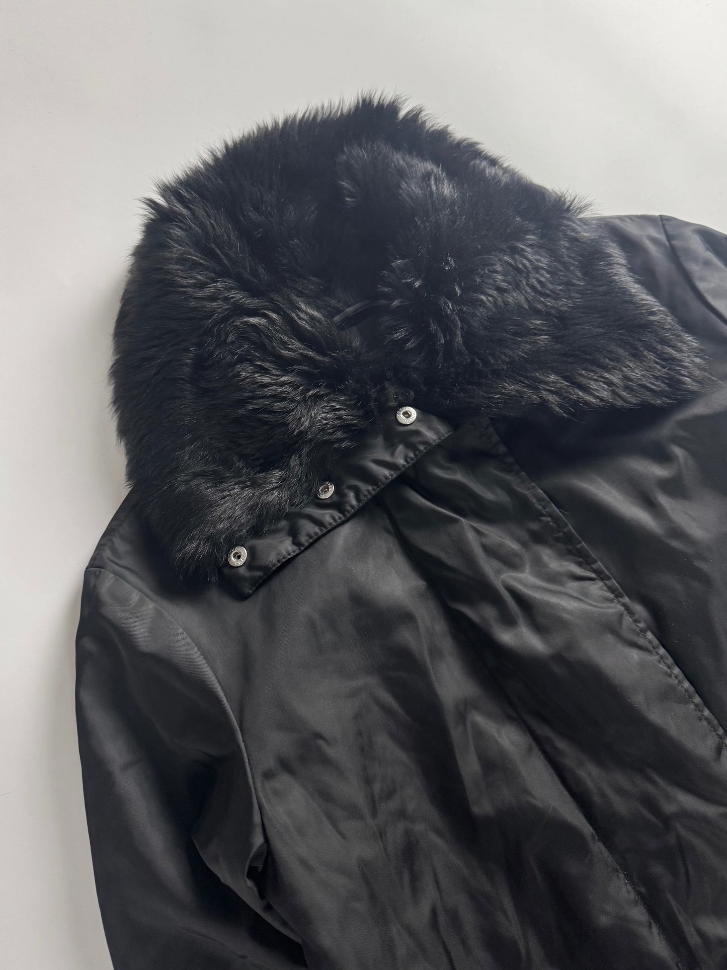 Prada Fur Collar Long Dark Nylon Coat 2000s - S