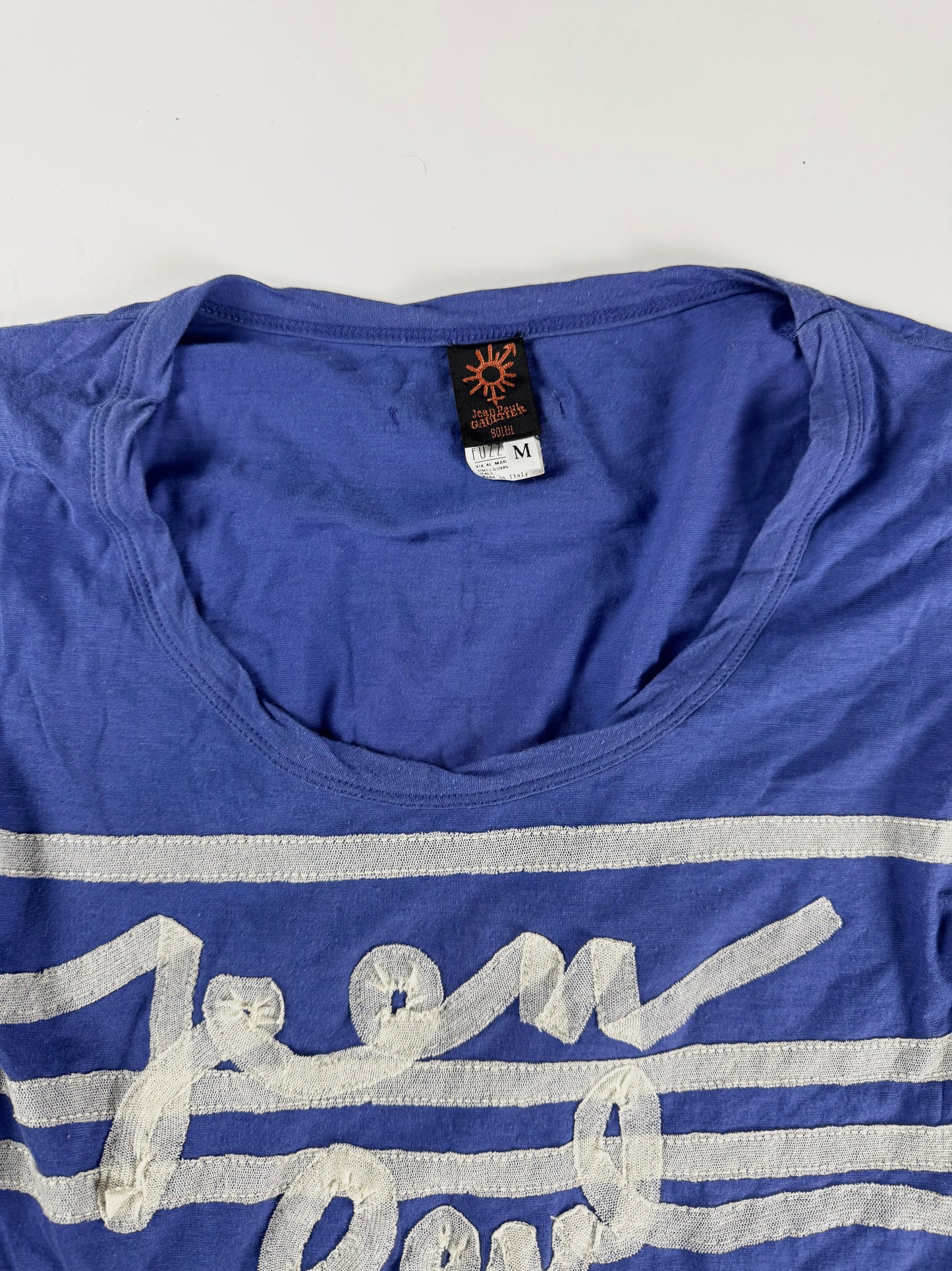 Jean Paul Gaultier Soleil Blue Marinière Stripe Logo Script Long Sleeve Mesh Top - M