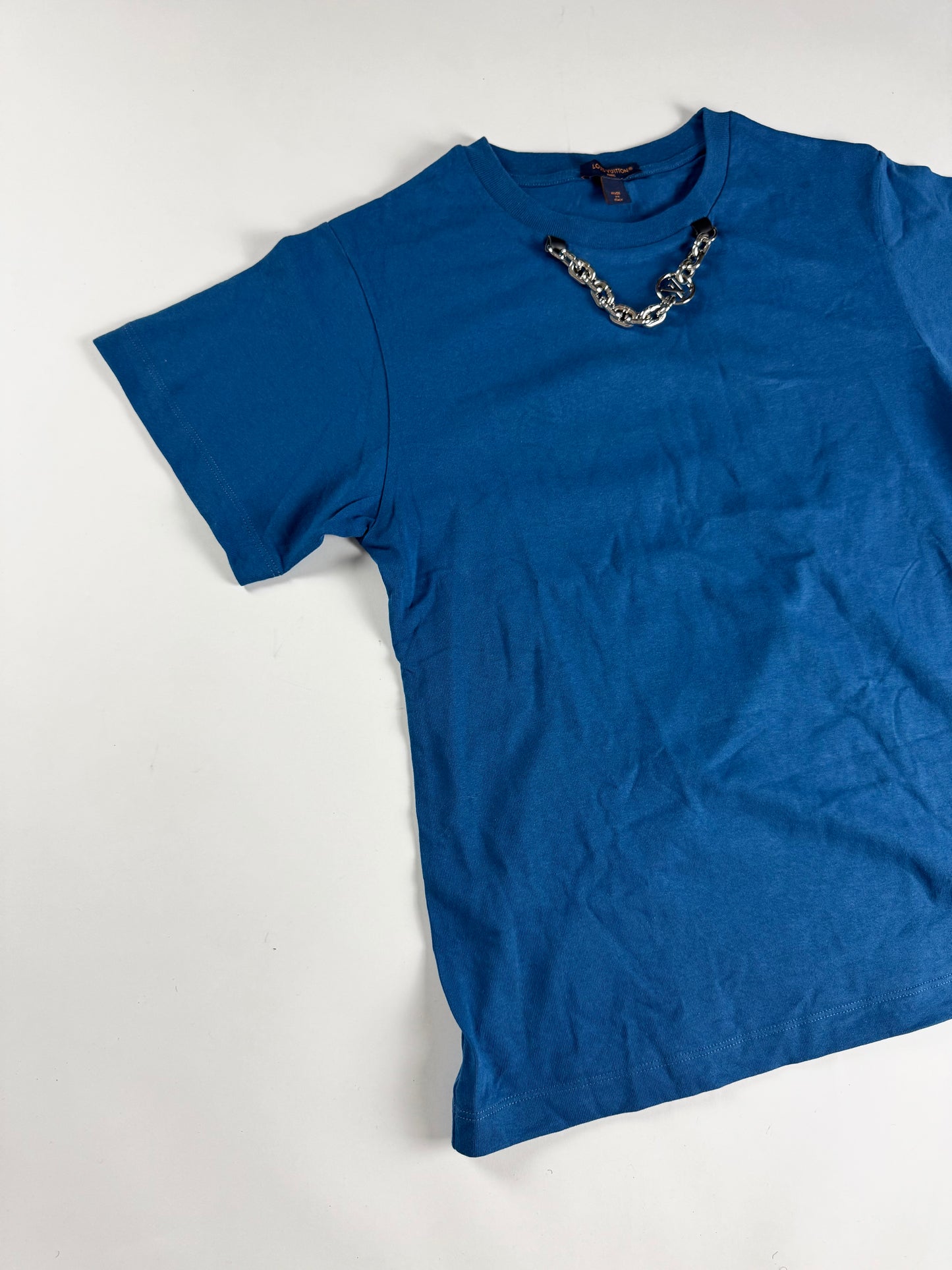 Louis Vuitton Sample Royal Blue Cotton Attached Silver Chain Neckline Detail Tee Shirt 2010s - M