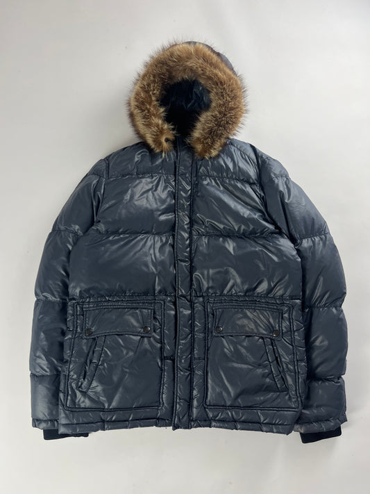 Prada Royal Marine Fur Hooded Double Zip Puffer Down Jacket - L
