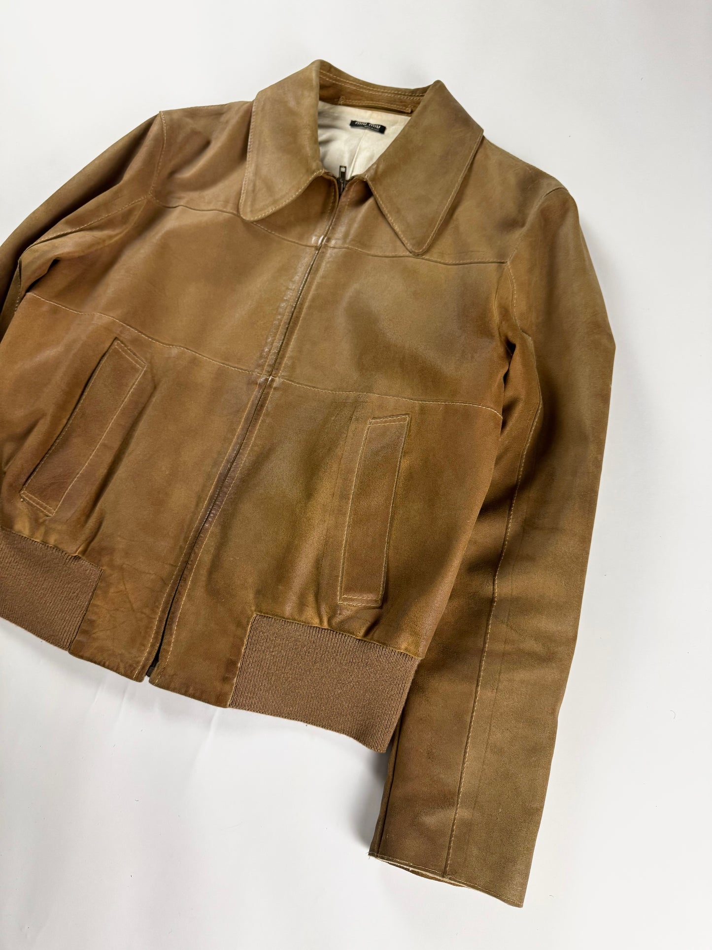 Miu Miu Camel Tan Leather Bomber Pointed Collar Jacket 2000s - M
