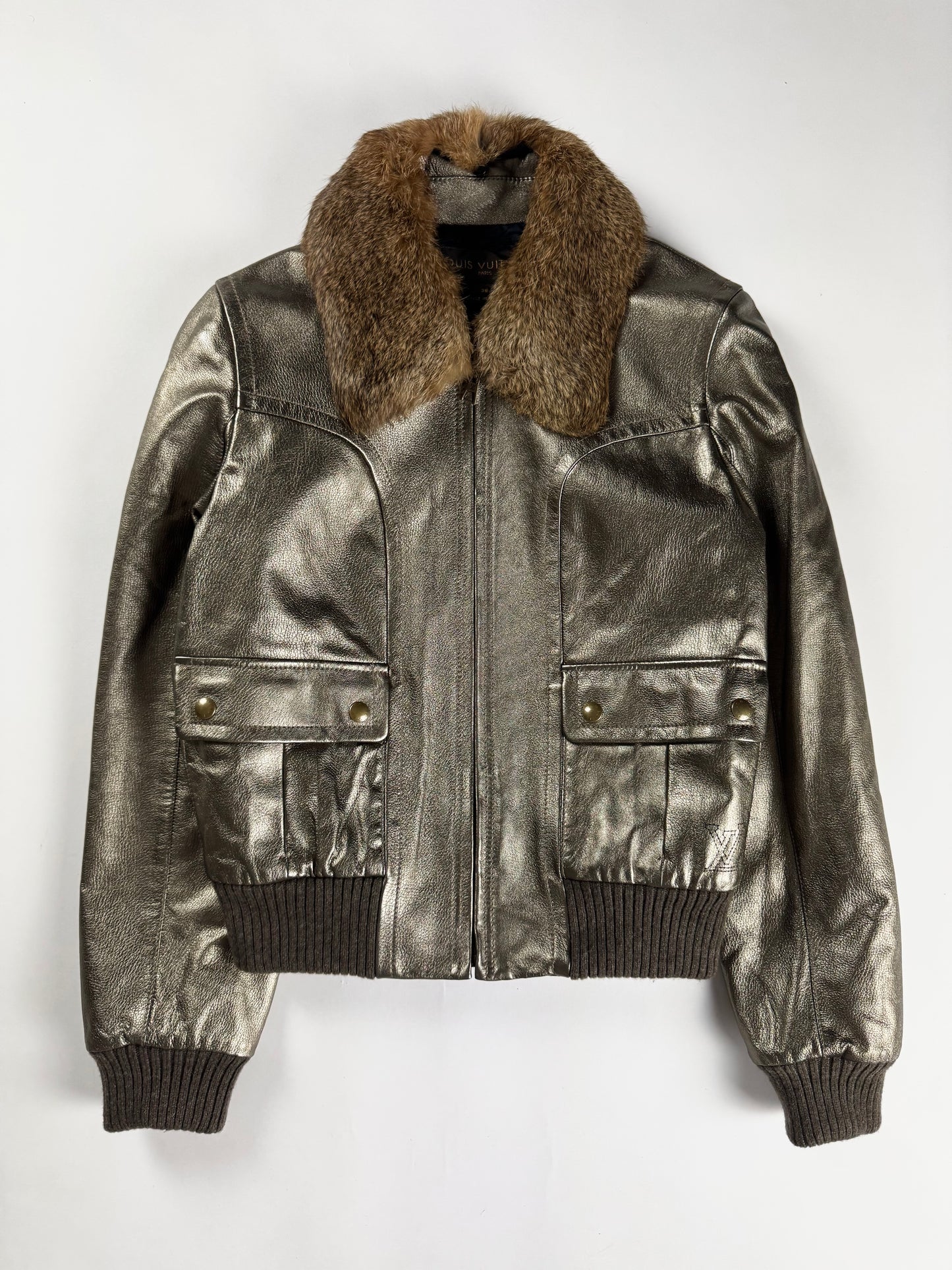 Louis Vuitton Metallic Bronze Leather Fur Collar Gold Hardware Ribbed Trim Bomber Jacket FW 2008 - S