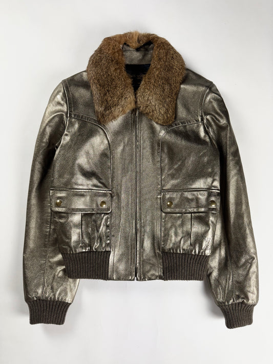 Louis Vuitton Metallic Bronze Leather Fur Collar Gold Hardware Ribbed Trim Bomber Jacket FW 2008 - S