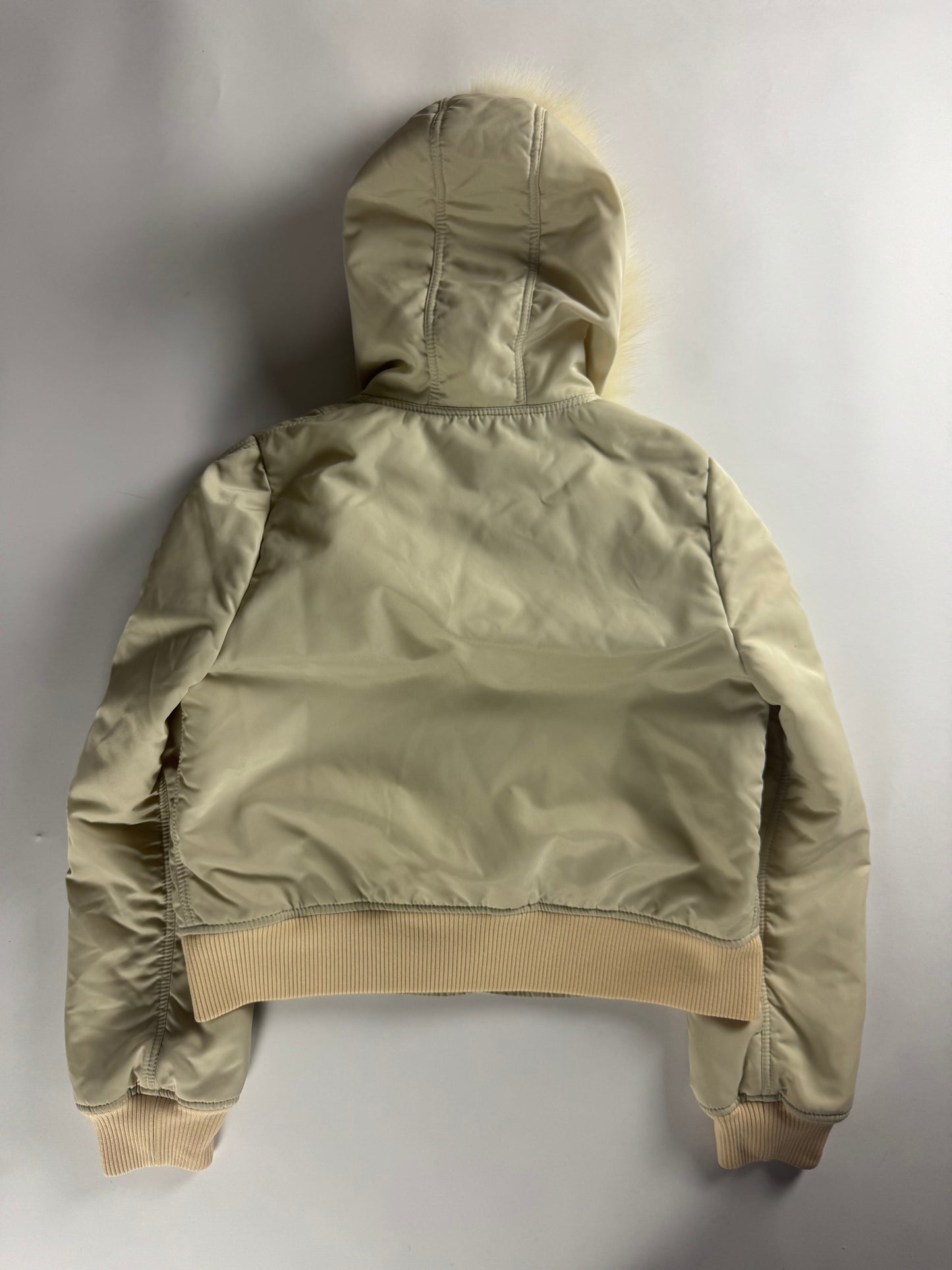 Miu Miu Cropped Cream Fur Hood Puffer Jacket 2000s - S