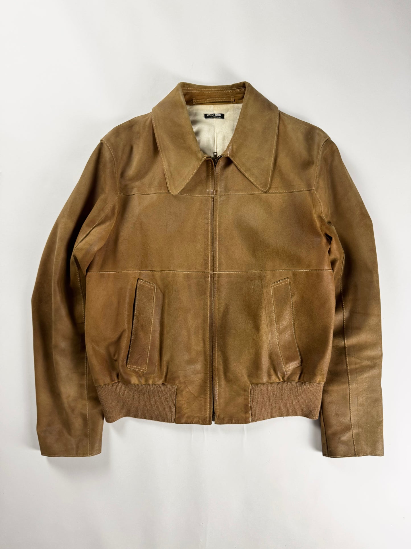 Miu Miu Camel Tan Leather Bomber Pointed Collar Jacket 2000s - M