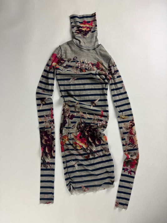 Jean Paul Gaultier Grey Mesh Floral Graphic Stripped Mini Dress 1990s - XS