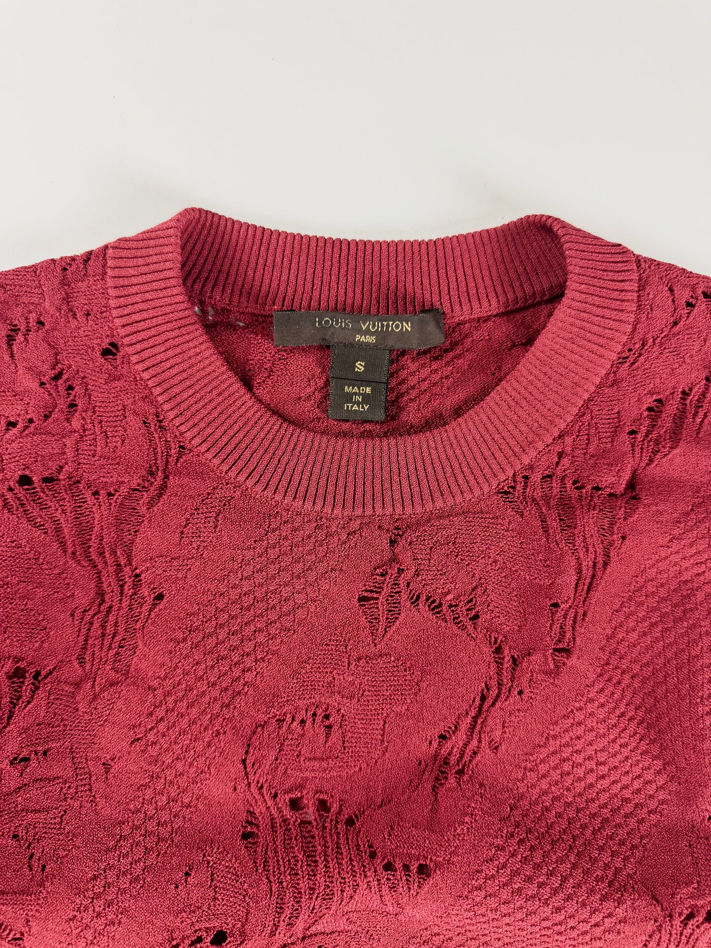 Louis Vuitton Dentelle Burgundy Red Distressed Lace Knit Crewneck Sweater FW 2016 - S