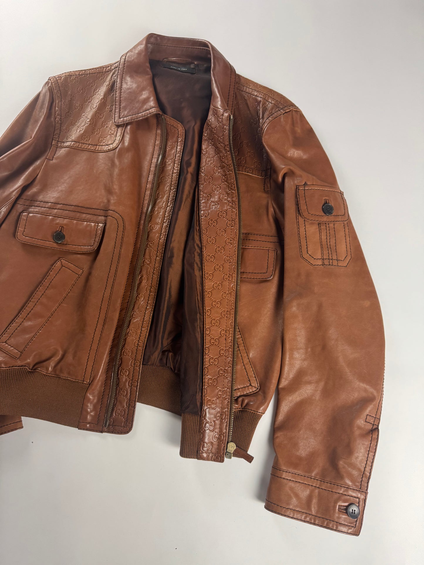 Gucci Tom Ford Camel Brown Monogram Leather Bomber Jacket 2000s - XL