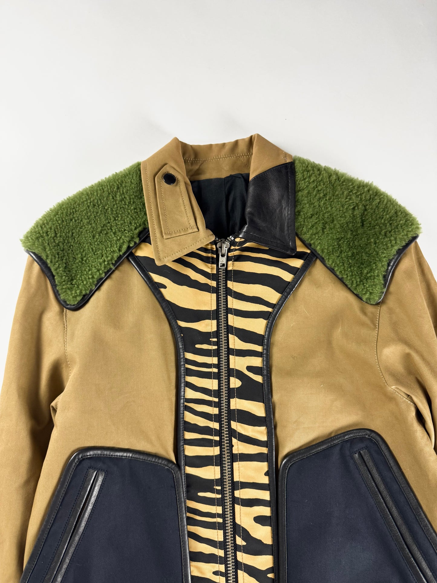 Coach Sample Camel Mixed Animal Print Green Shearling Collar Bomber Jacket SS 2016 - M