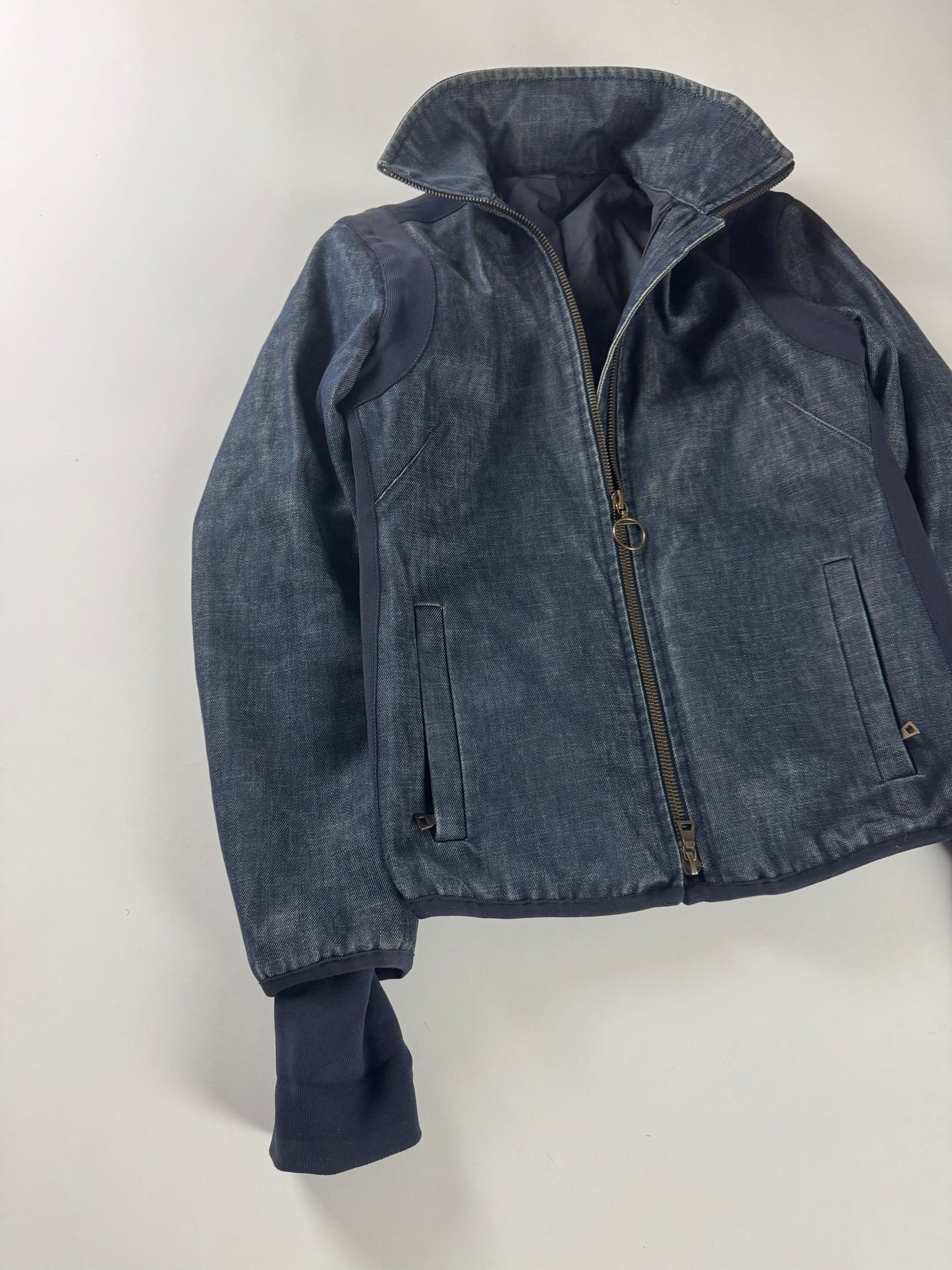 Prada Funnel Collar Denim Cuffed Moto Jacket 2000s - S