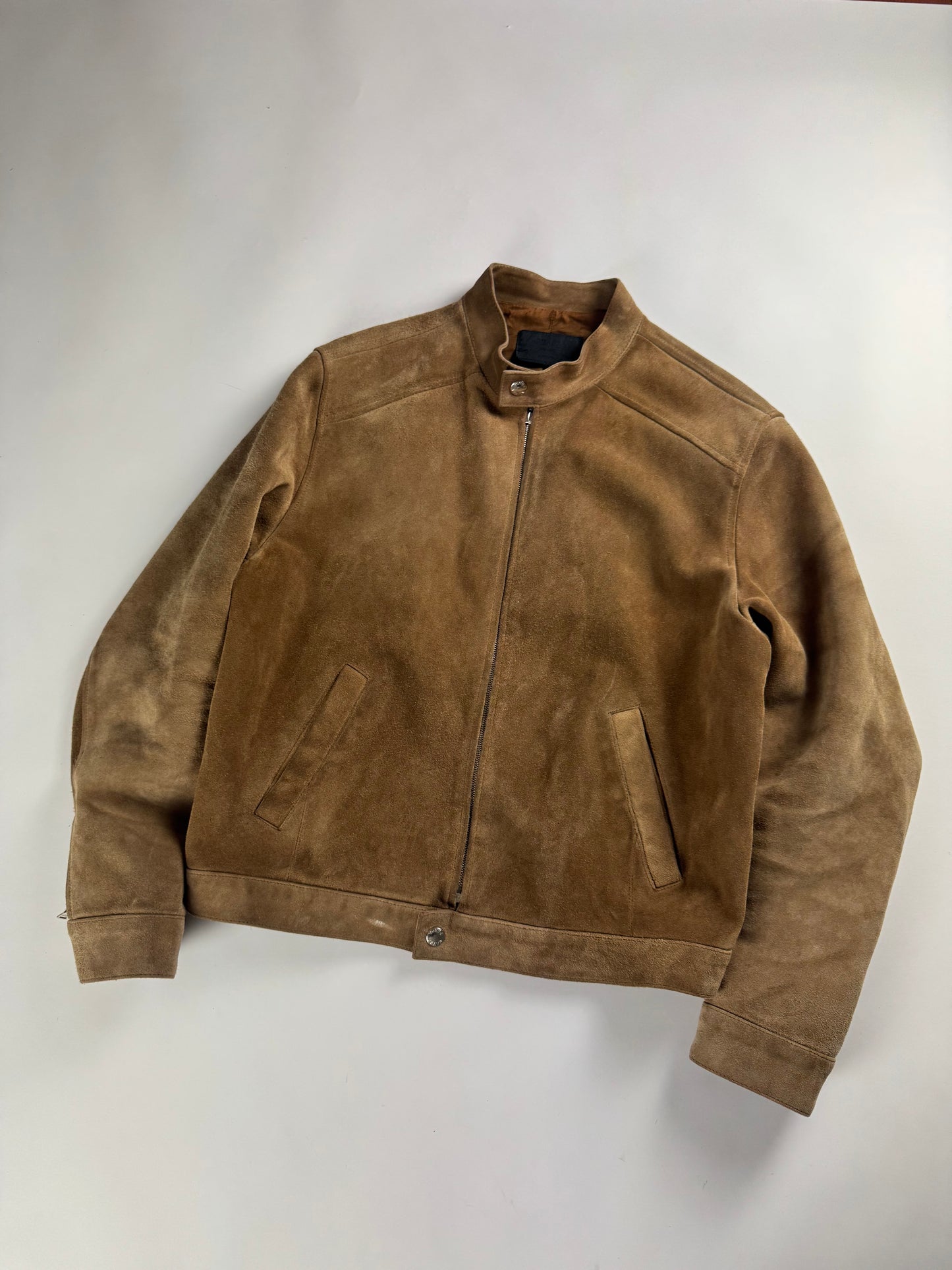 Prada Sample Tan Brown Suede Leather Zipper Moto Jacket FW 1996 - M