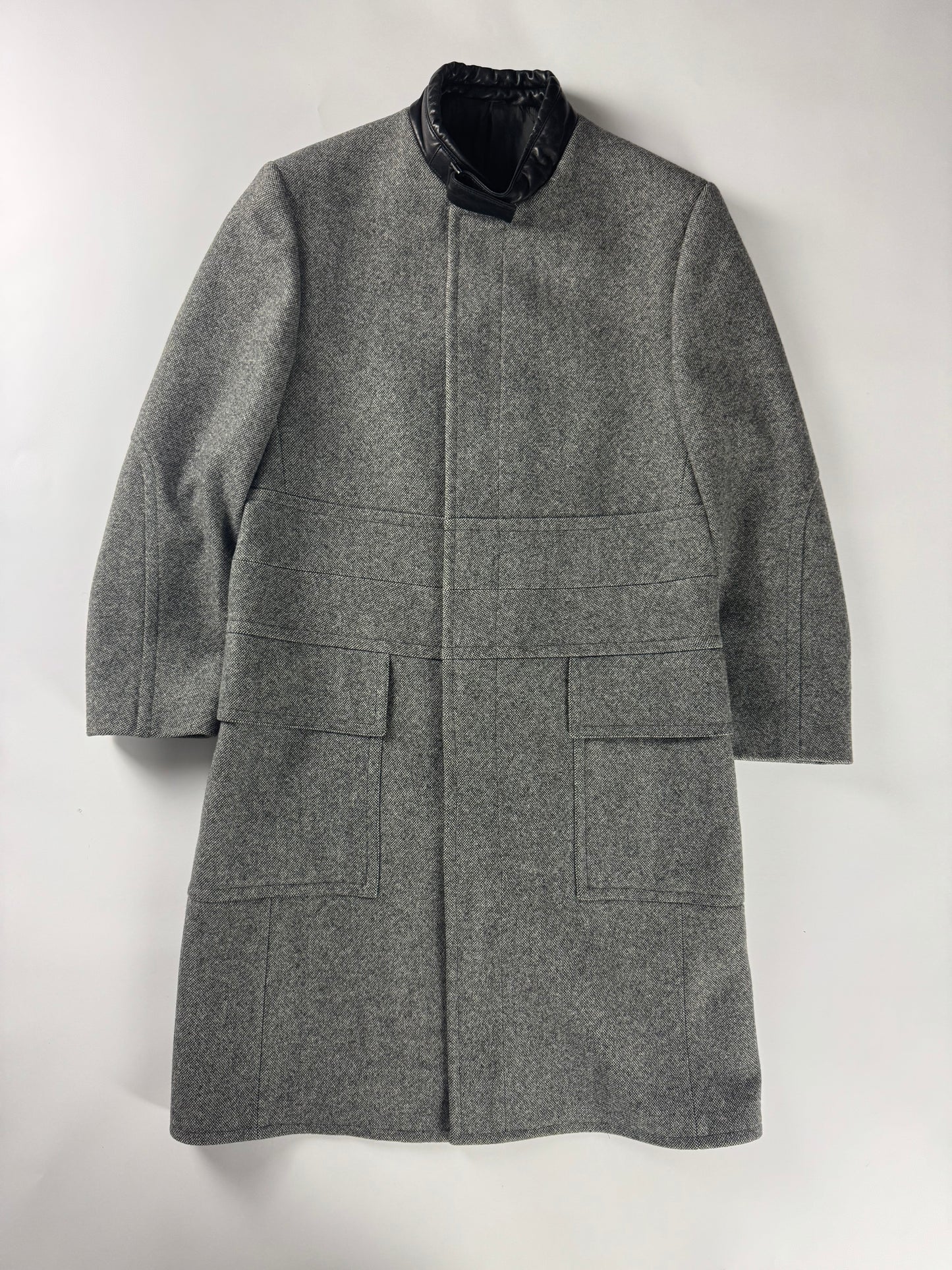 Gucci Grey Wool Leather Belt Collar Long Coat FW 2000 - M