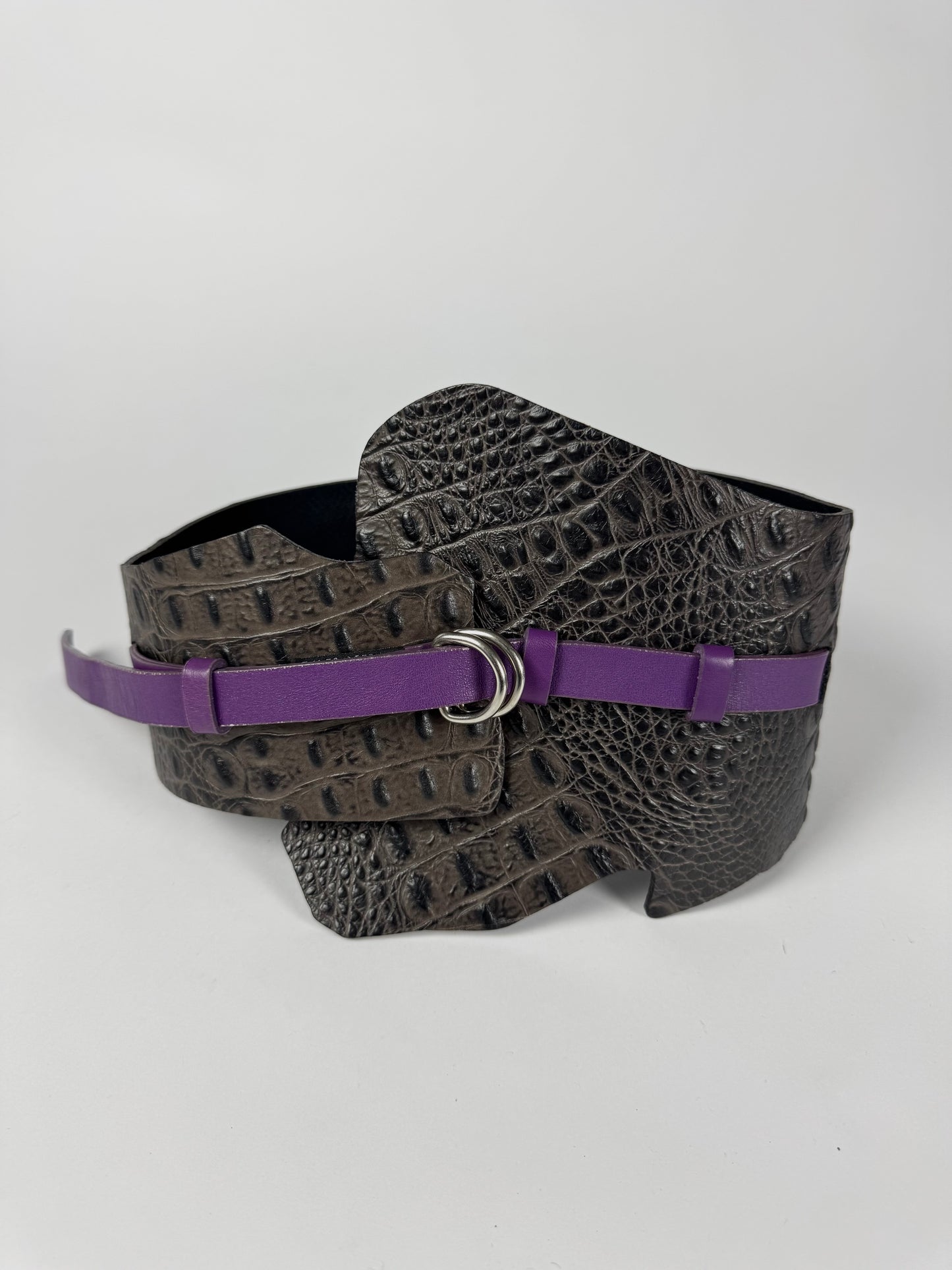 Just Cavalli Dark Brown Crocodile Embossed Purple Strap Leather Corset Belt 2000s - OS