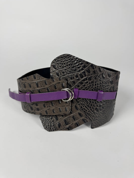 Just Cavalli Dark Brown Crocodile Embossed Purple Strap Leather Corset Belt 2000s - OS
