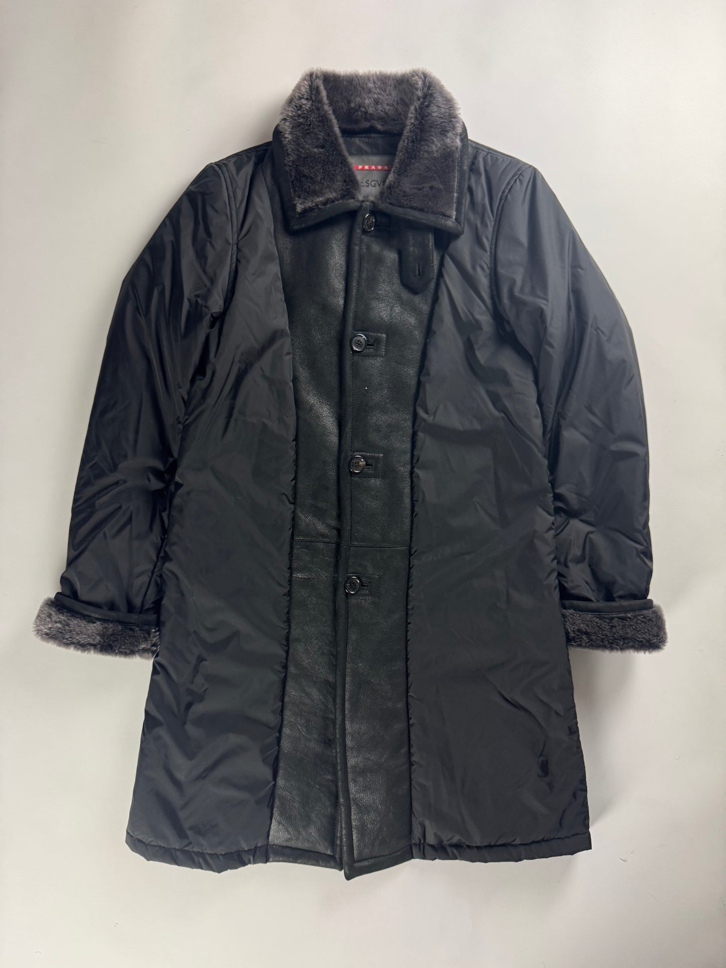Prada Nylon Leather Panel Long Fur Details Coat SS 2006 - M