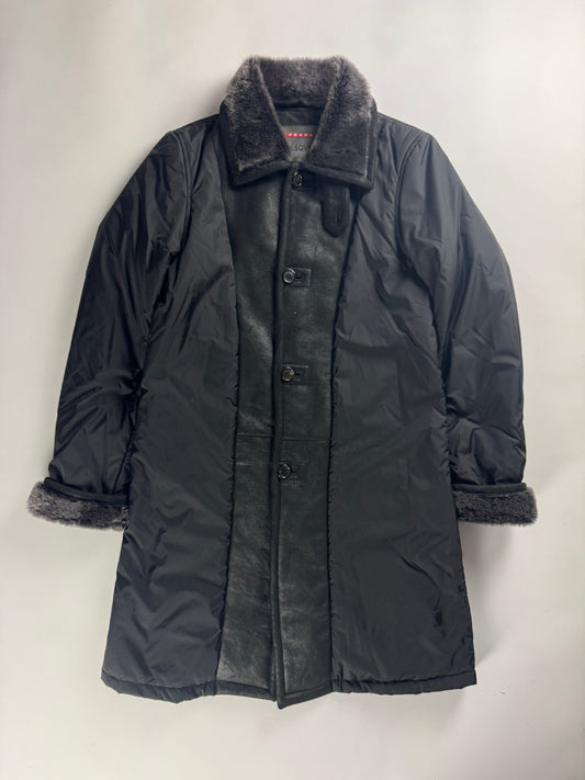 Prada Nylon Leather Panel Long Fur Details Coat SS 2006 - M