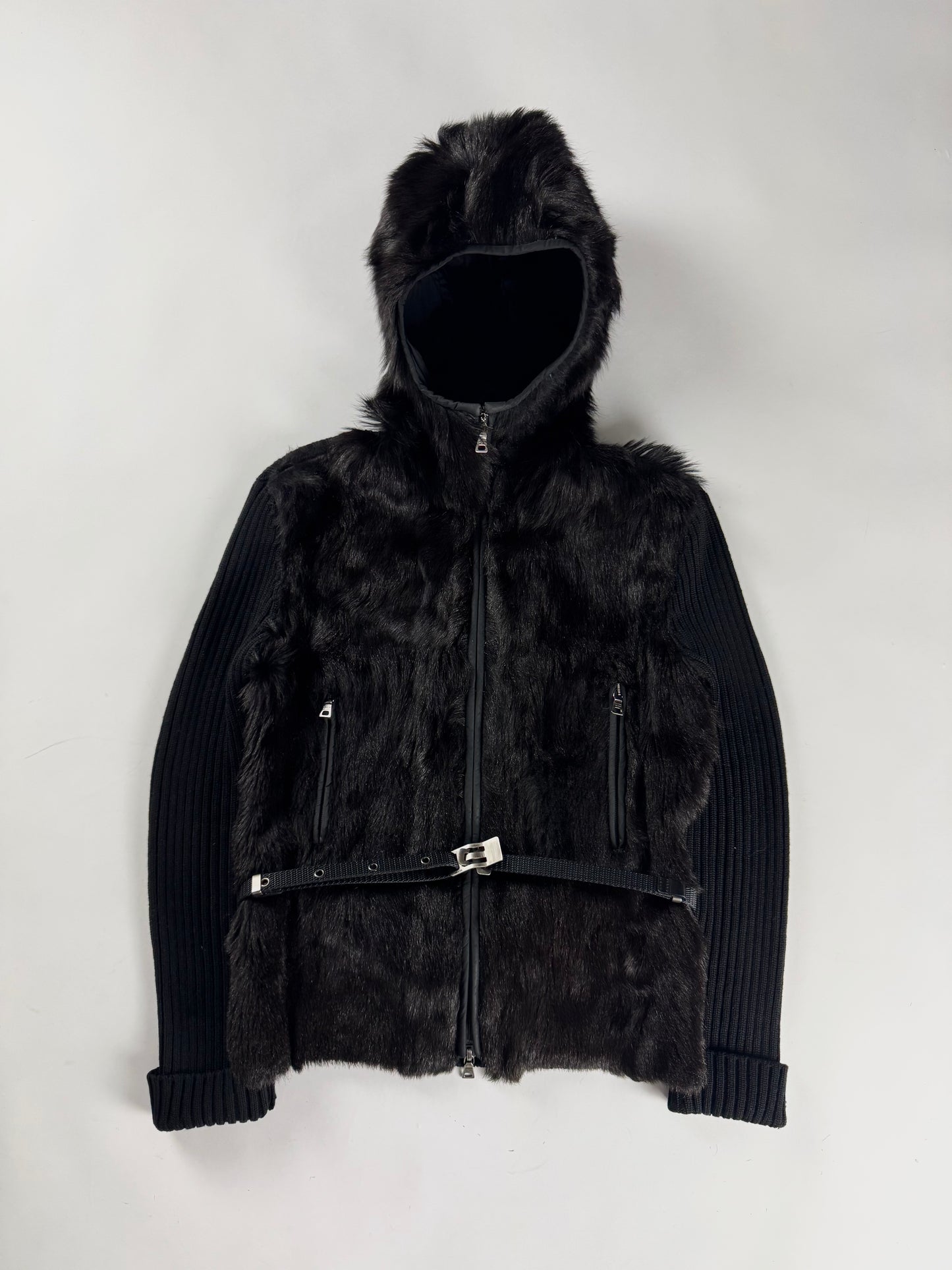 Prada Hooded Kid Fur Balaclava Wool Belted Jacket FW 1999 - S