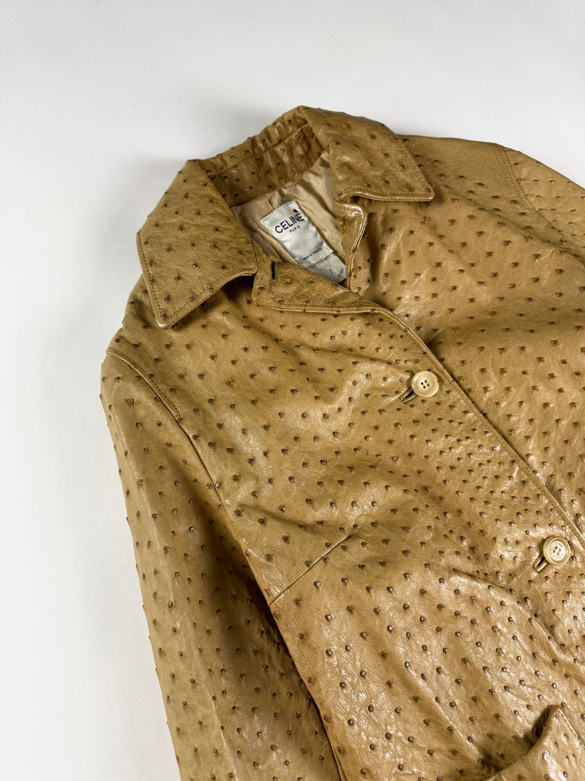 Celine Camel Tan Embossed Ostrich Skin Leather Jacket 2000s - S