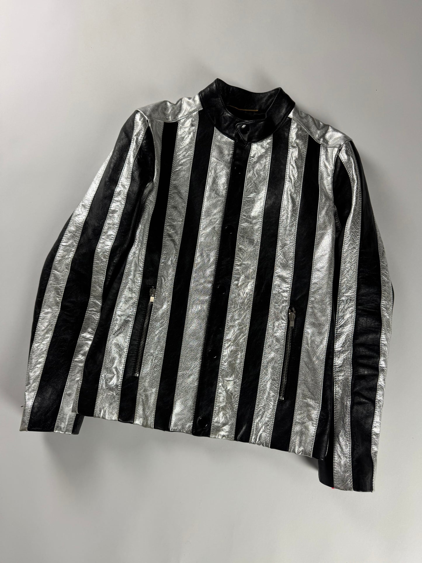 Saint Laurent Sample Metallic Silver Striped Leather Jacket Pre Fall 2015 - XS