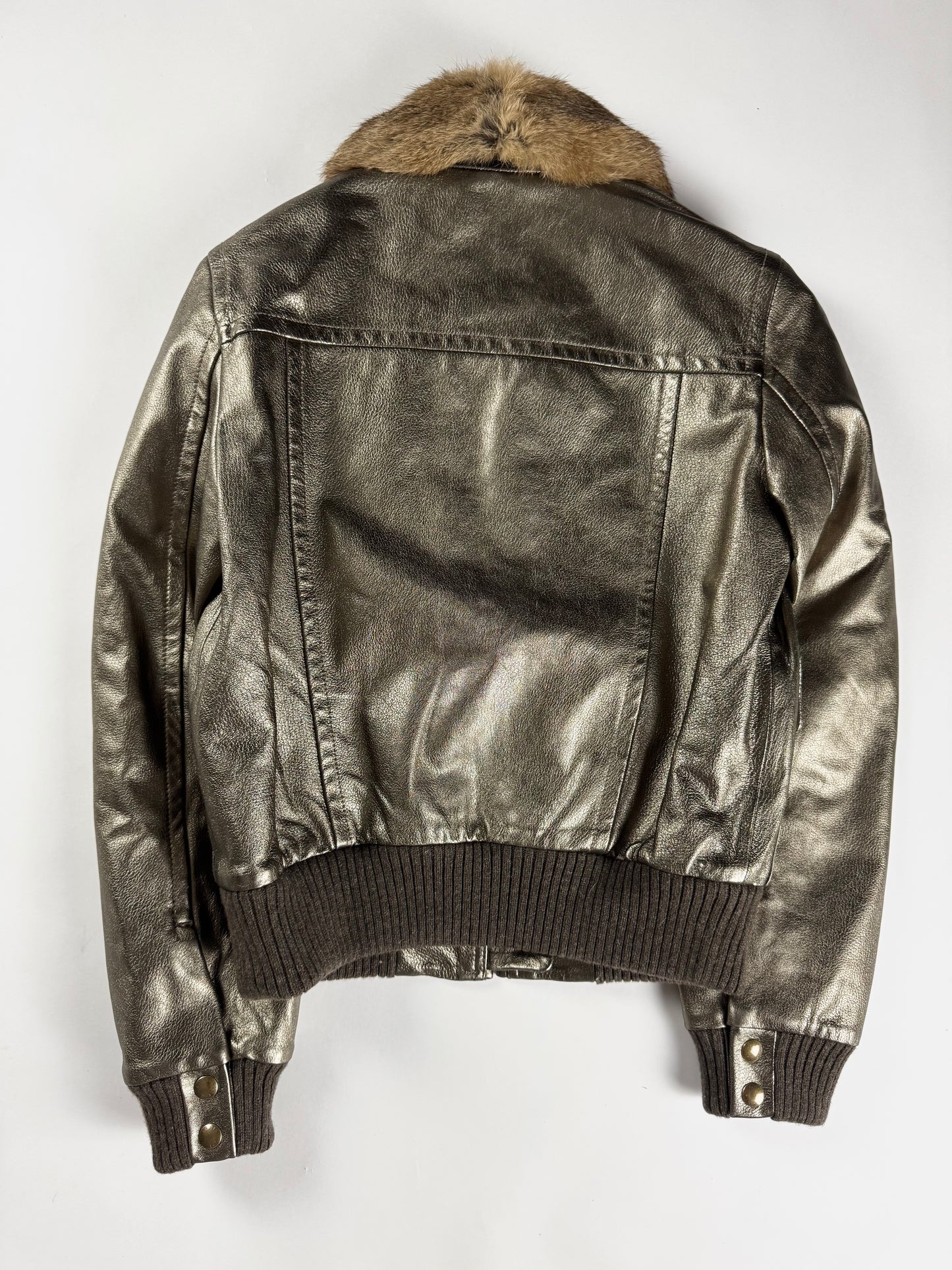 Louis Vuitton Metallic Bronze Leather Fur Collar Gold Hardware Ribbed Trim Bomber Jacket FW 2008 - S