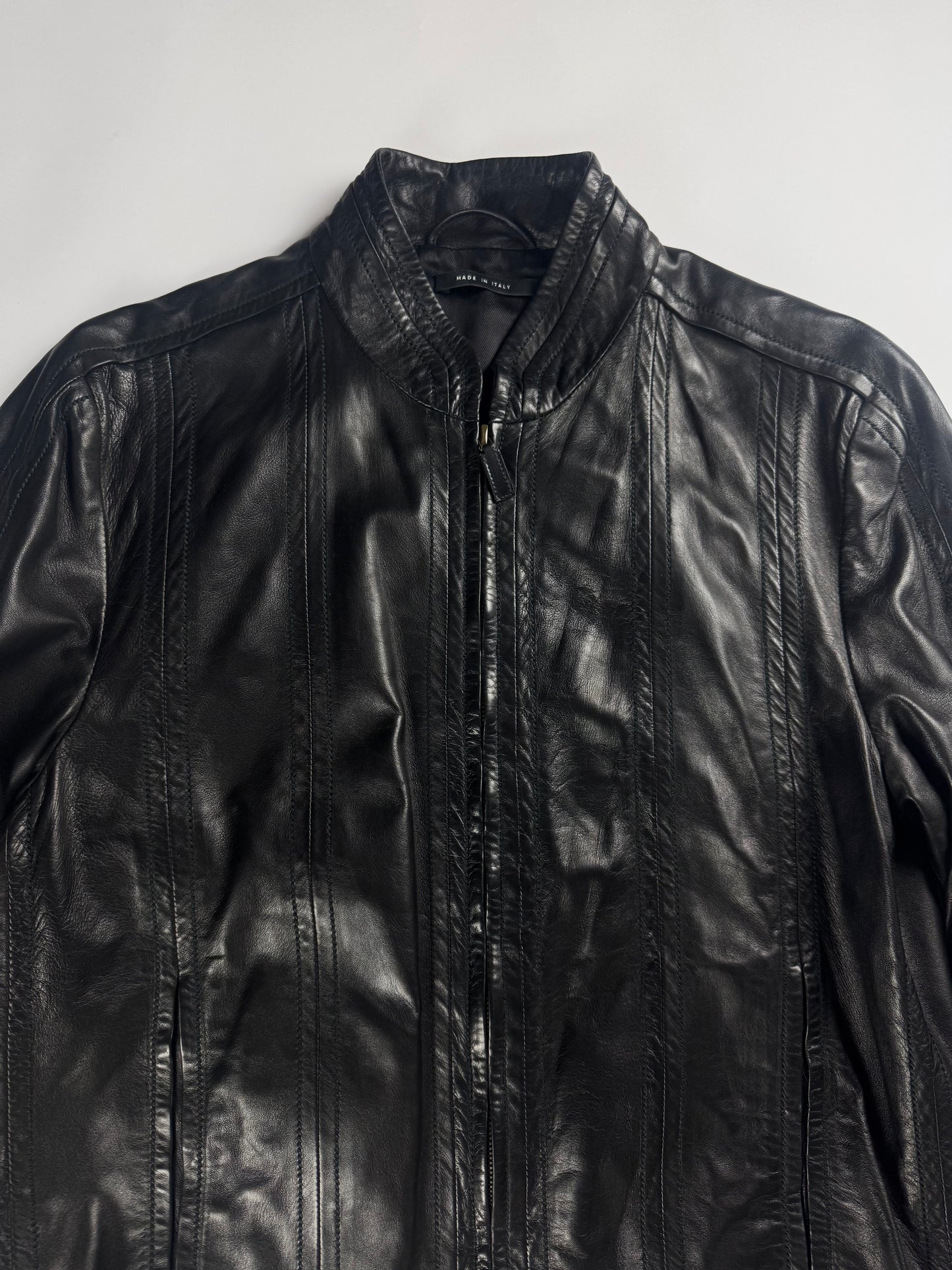 Gucci Tom Ford Dark Single Rider Stitched Panels Leather Jacket 2000s - M