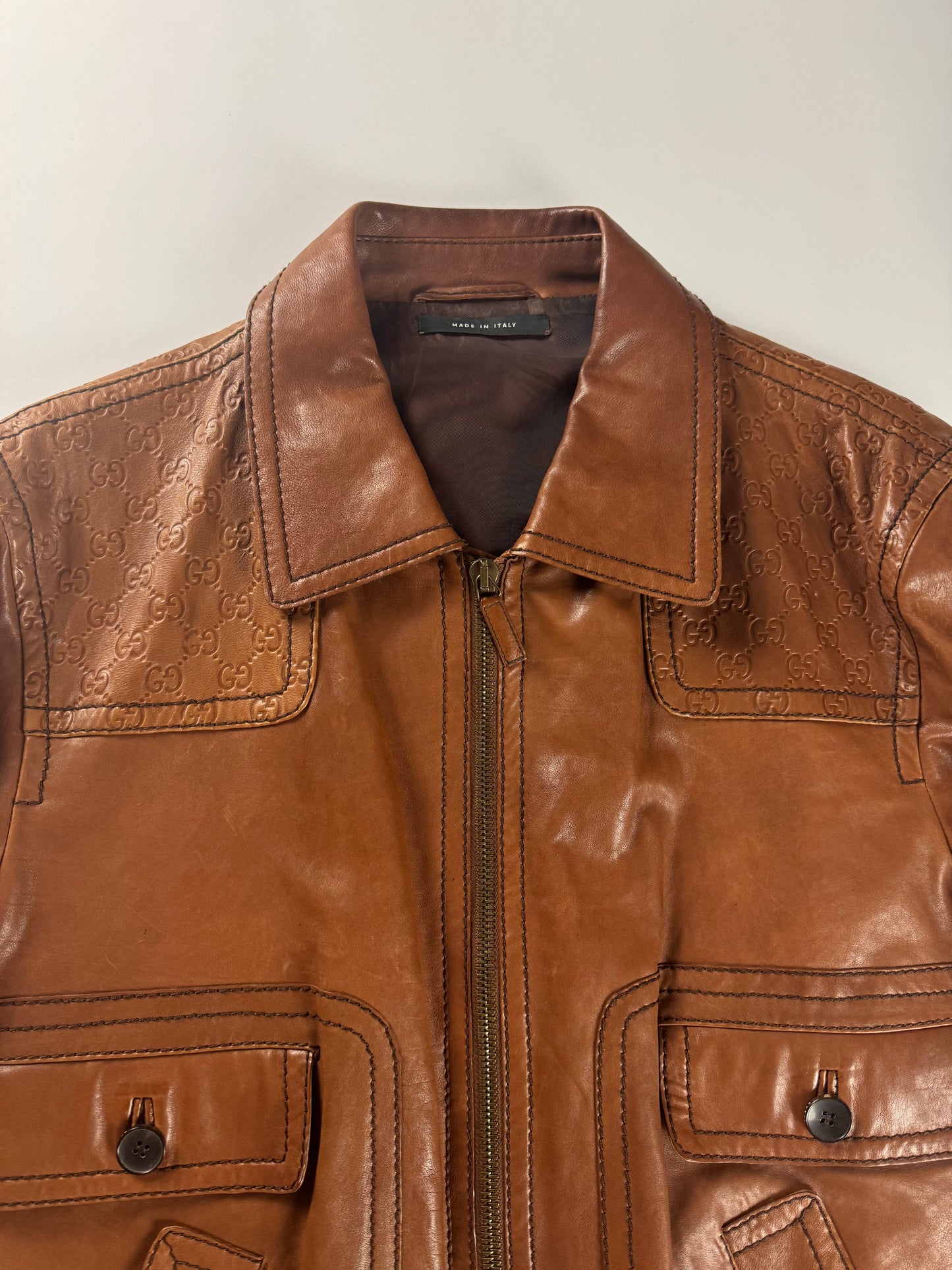 Gucci Tom Ford Camel Brown Monogram Leather Bomber Jacket 2000s - XL